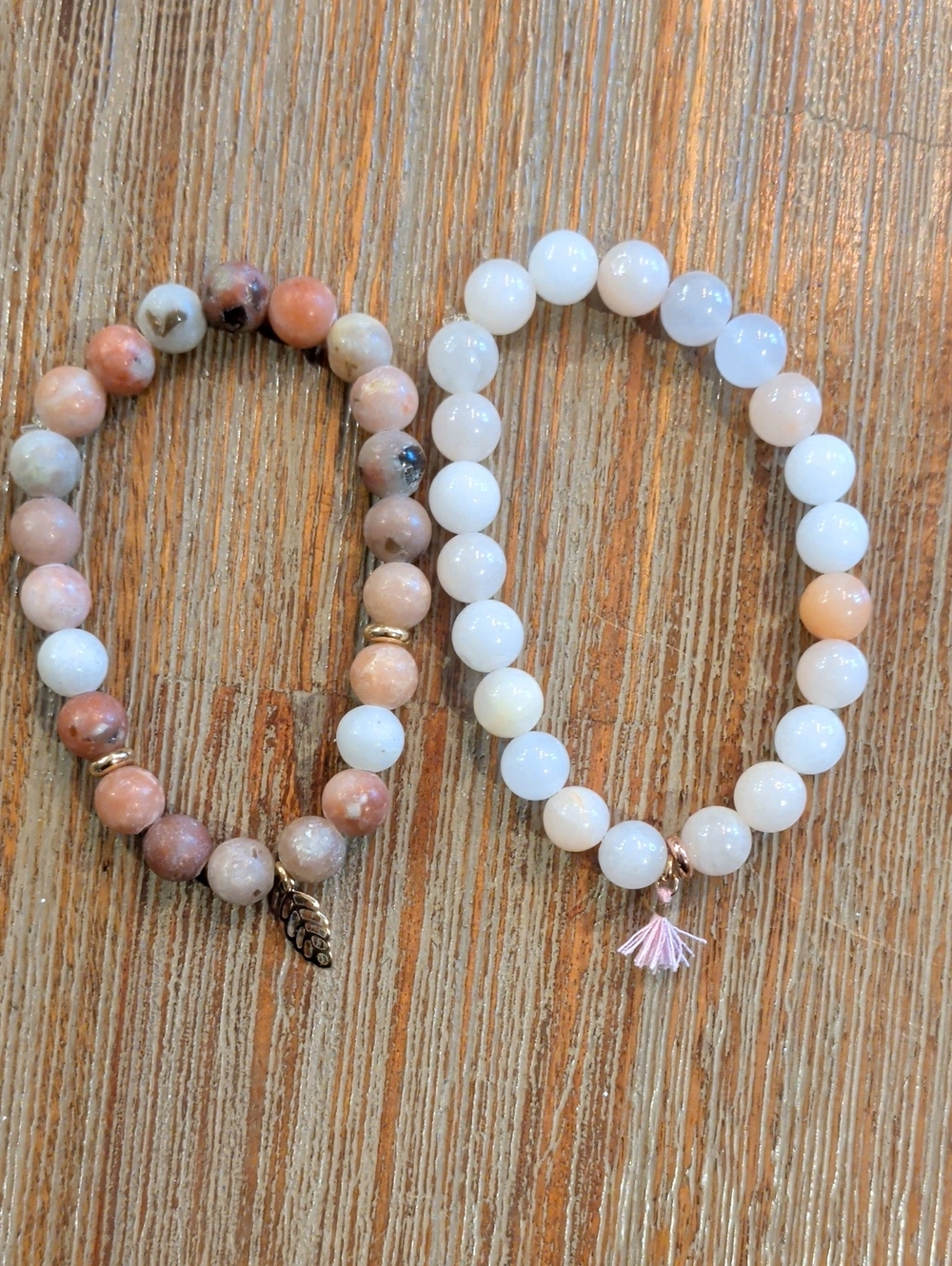 Beaded Stretch Bracelet Set in Peach & White with Tassel Charm